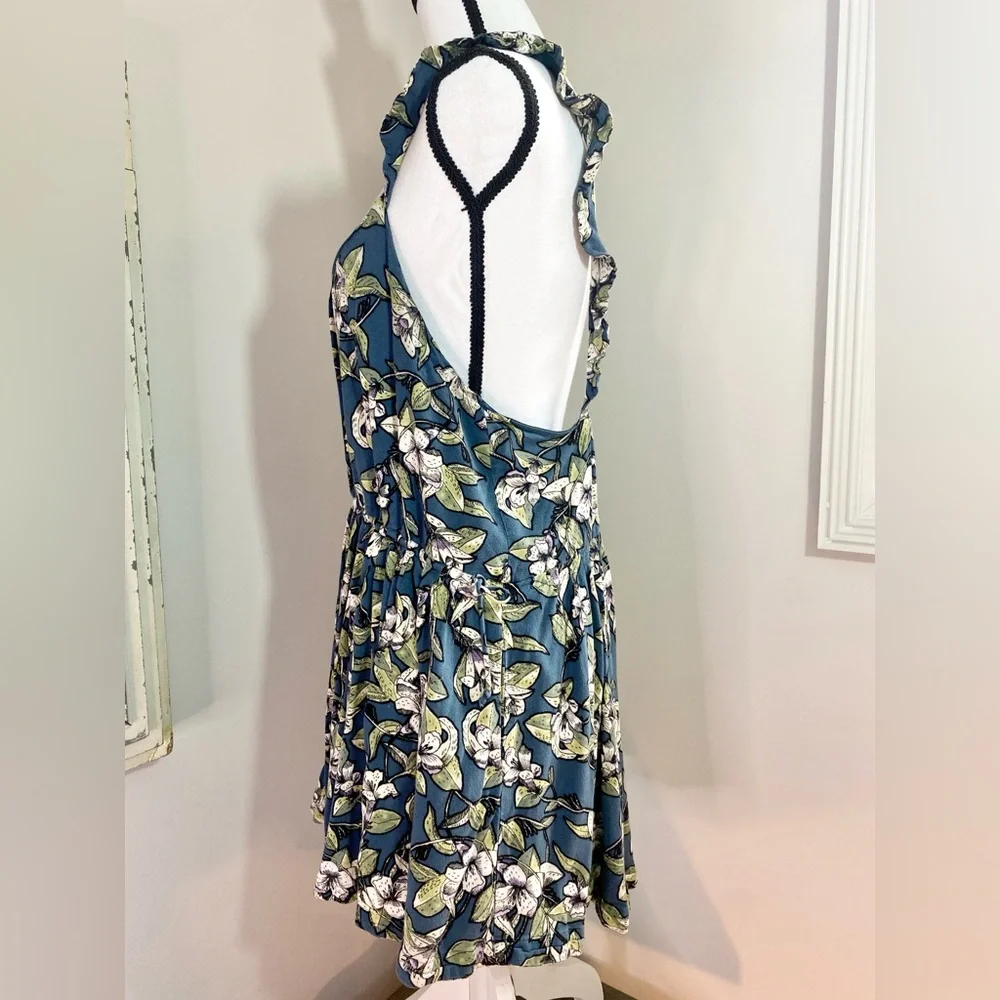 FREE PEOPLE Dear You Blue Green Floral Ruffle Flare Casual Sundress Size Medium